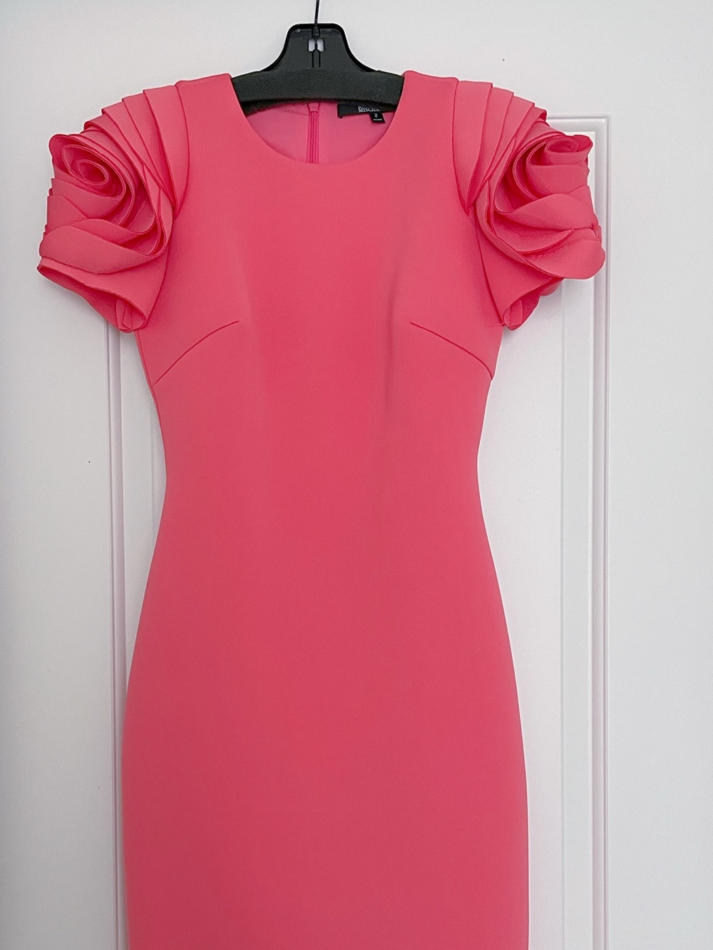 Badgley Mischka Coral Pink Midi Dress with Sculpted Rose Sleeves